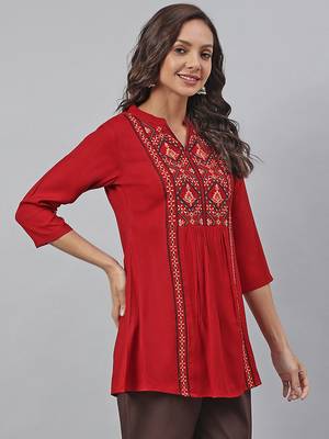 Maroon embroidered viscose rayon tunics 4