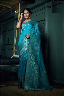 Sky Blue Indian Women's Dola Silk Saree 1