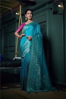 Sky Blue Indian Women's Dola Silk Saree 2