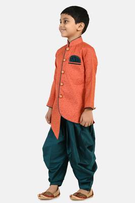 Orange plain jacquard boys-sherwani 2