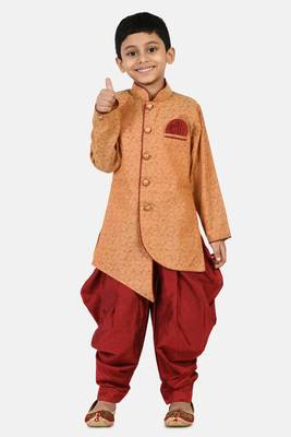 Orange plain jacquard boys-sherwani 1