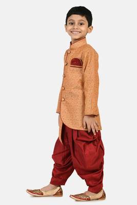 Orange plain jacquard boys-sherwani 2