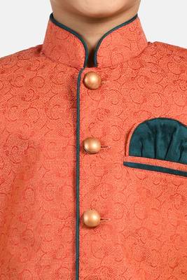 Orange plain jacquard boys-sherwani 3