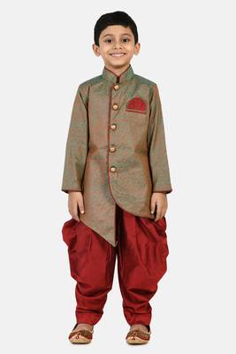 Green plain jacquard boys-sherwani 1