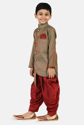 Green plain jacquard boys-sherwani 2