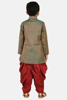 Green plain jacquard boys-sherwani 3