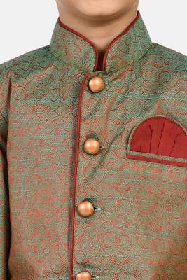 Green plain jacquard boys-sherwani 5