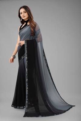 Grey Georgette Saree with Black Art Silk Blouse - Non-Stitched 2