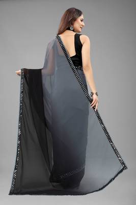 Grey Georgette Saree with Black Art Silk Blouse - Non-Stitched 4