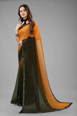 Green Plain Georgette Saree With Blouse 3