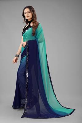 Sky Blue Plain Georgette Saree With Blouse 2