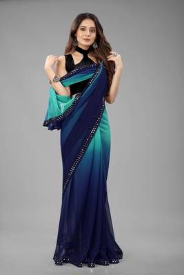 Sky Blue Plain Georgette Saree With Blouse 3