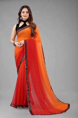 Wilori Georgette Plain Red and Orange Saree with Blouse  1