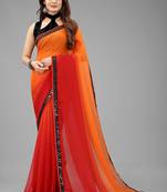 Wilori Georgette Plain Red and Orange Saree with Blouse 
