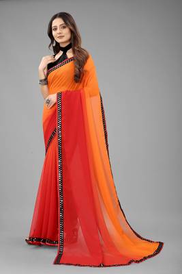 Wilori Georgette Plain Red and Orange Saree with Blouse  2