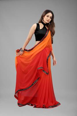 Wilori Georgette Plain Red and Orange Saree with Blouse  3