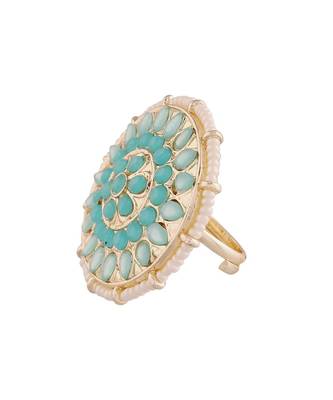 Traditional Turquoise Kundan & Pearl Studded Adjustable Finger Ring for Women  2