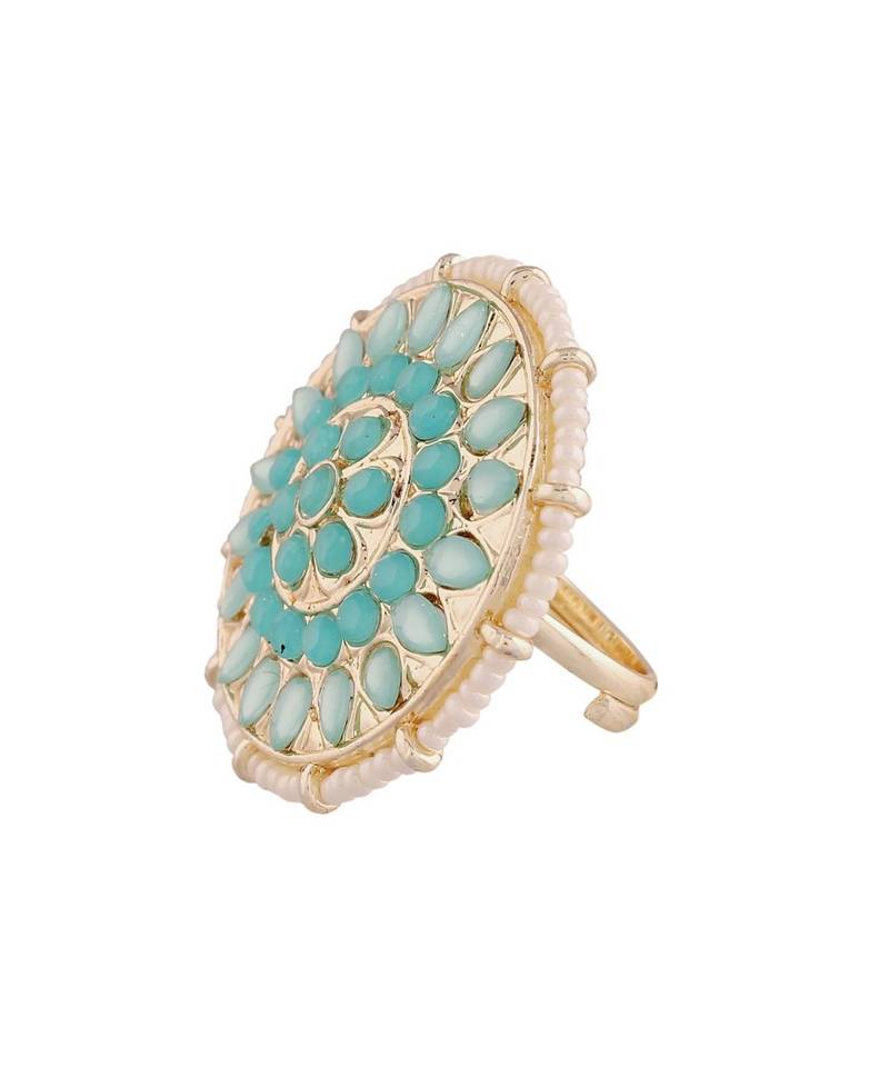 Traditional Turquoise Kundan & Pearl Studded Adjustable Finger Ring for Women 