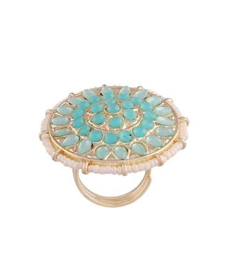 Traditional Turquoise Kundan & Pearl Studded Adjustable Finger Ring for Women  3