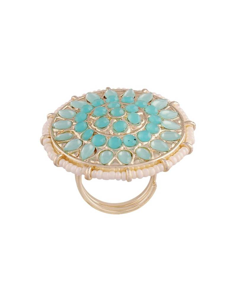 Traditional Turquoise Kundan & Pearl Studded Adjustable Finger Ring for Women 