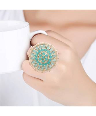 Traditional Turquoise Kundan & Pearl Studded Adjustable Finger Ring for Women  4