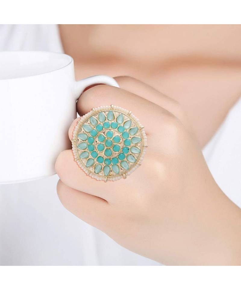 Traditional Turquoise Kundan & Pearl Studded Adjustable Finger Ring for Women 