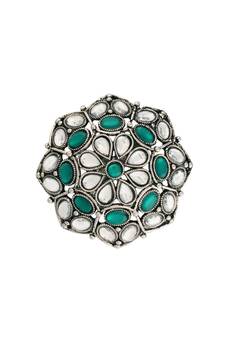 I Jewels Silver Oxidized Green Kundan Work Designer Adjustable Finger Ring for Women (FL204G)
