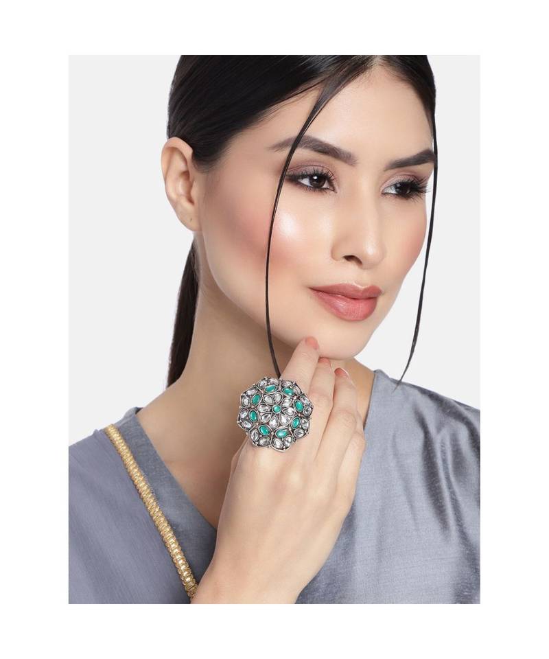 I Jewels Silver Oxidized Green Kundan Work Designer Adjustable Finger Ring for Women (FL204G)