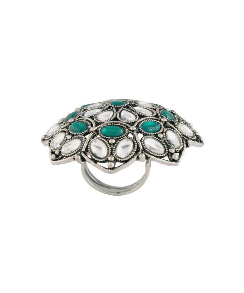 I Jewels Silver Oxidized Green Kundan Work Designer Adjustable Finger Ring for Women (FL204G)