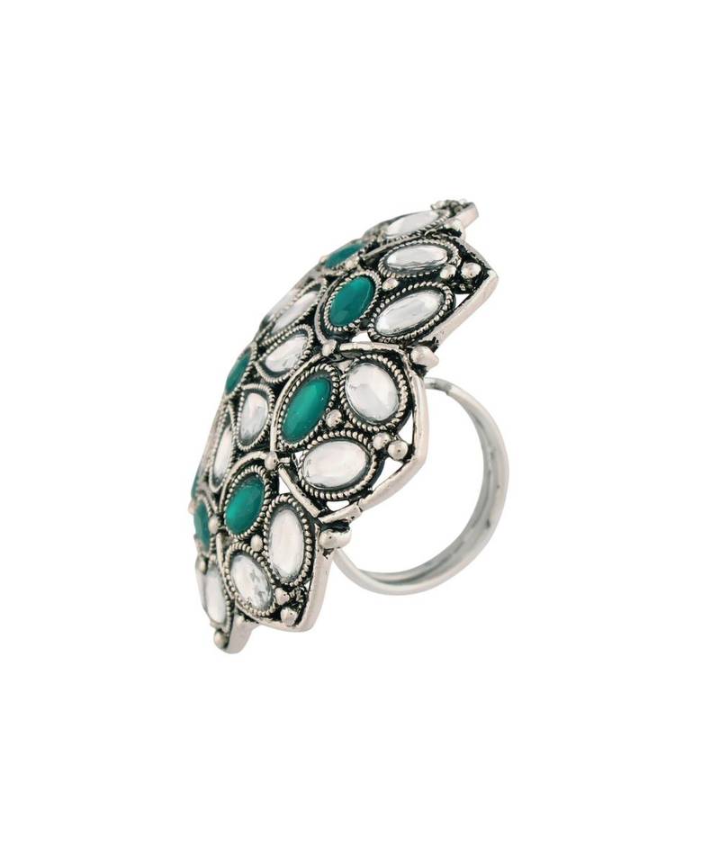 I Jewels Silver Oxidized Green Kundan Work Designer Adjustable Finger Ring for Women (FL204G)