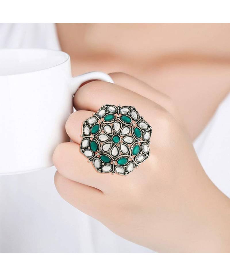 I Jewels Silver Oxidized Green Kundan Work Designer Adjustable Finger Ring for Women (FL204G)