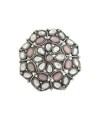 Silver Oxidized Pink Kundan Work Designer Adjustable Finger Ring for Women  1
