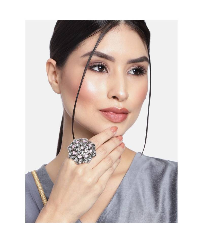Silver Oxidized Pink Kundan Work Designer Adjustable Finger Ring for Women 
