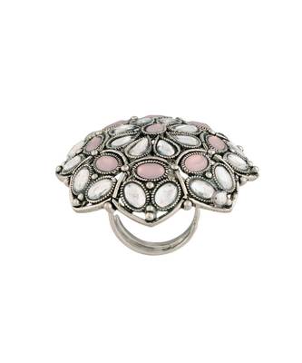 Silver Oxidized Pink Kundan Work Designer Adjustable Finger Ring for Women  3