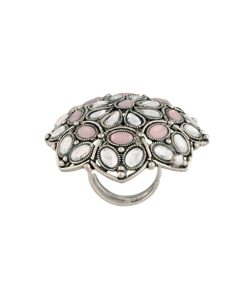 Silver Oxidized Pink Kundan Work Designer Adjustable Finger Ring for Women 