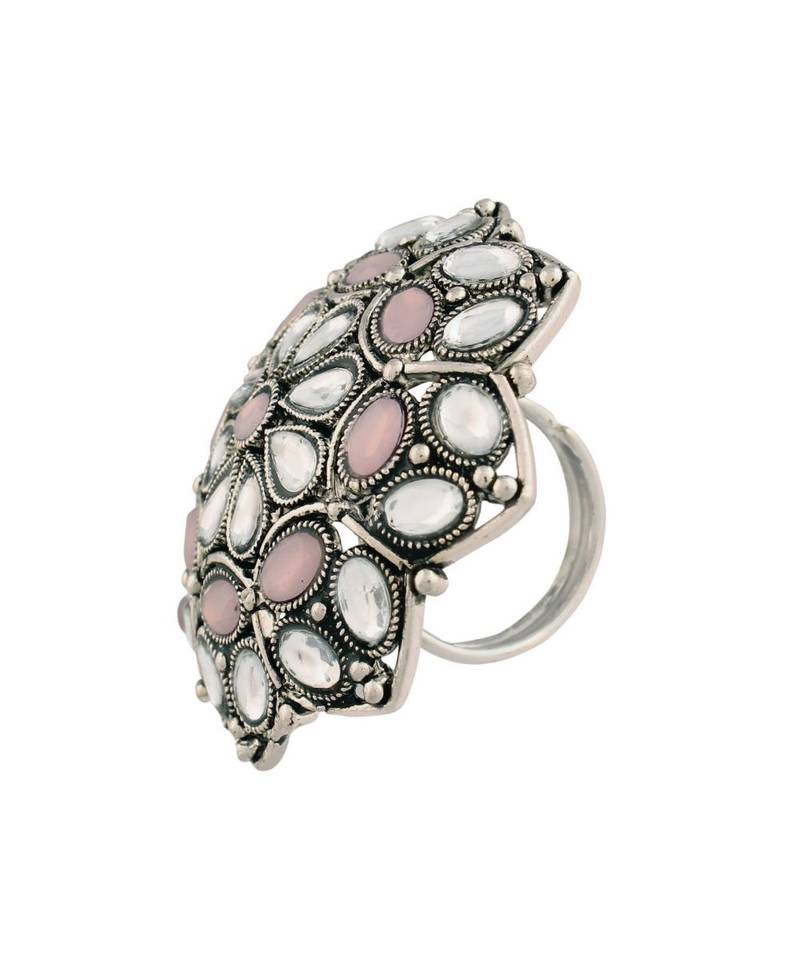 Silver Oxidized Pink Kundan Work Designer Adjustable Finger Ring for Women 