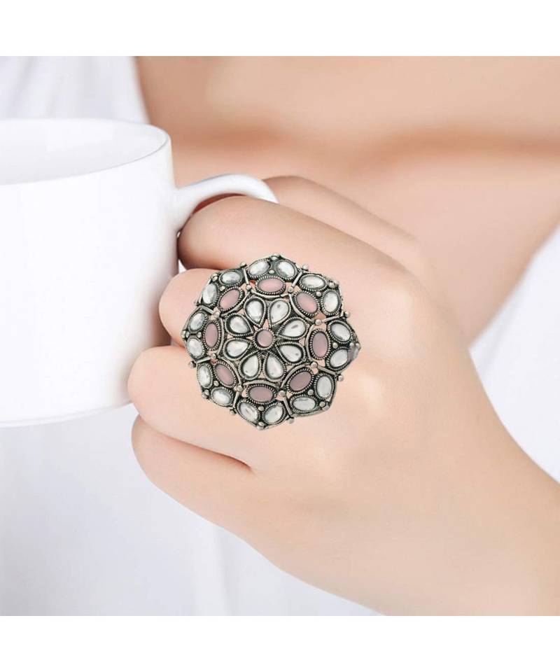 Silver Oxidized Pink Kundan Work Designer Adjustable Finger Ring for Women 