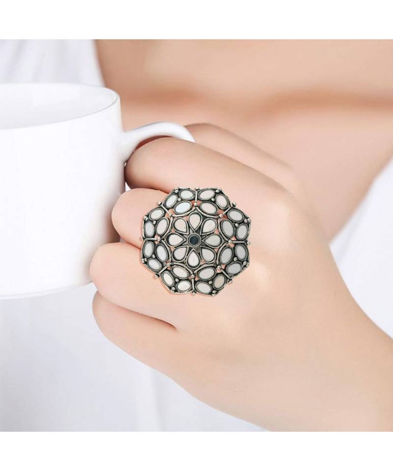 Silver Oxidized Mirror Designer Adjustable Finger Ring for Women 