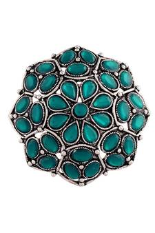 Silver Oxidized Green Kundan Work Designer Adjustable Finger Ring for Women (FL204G-2)
