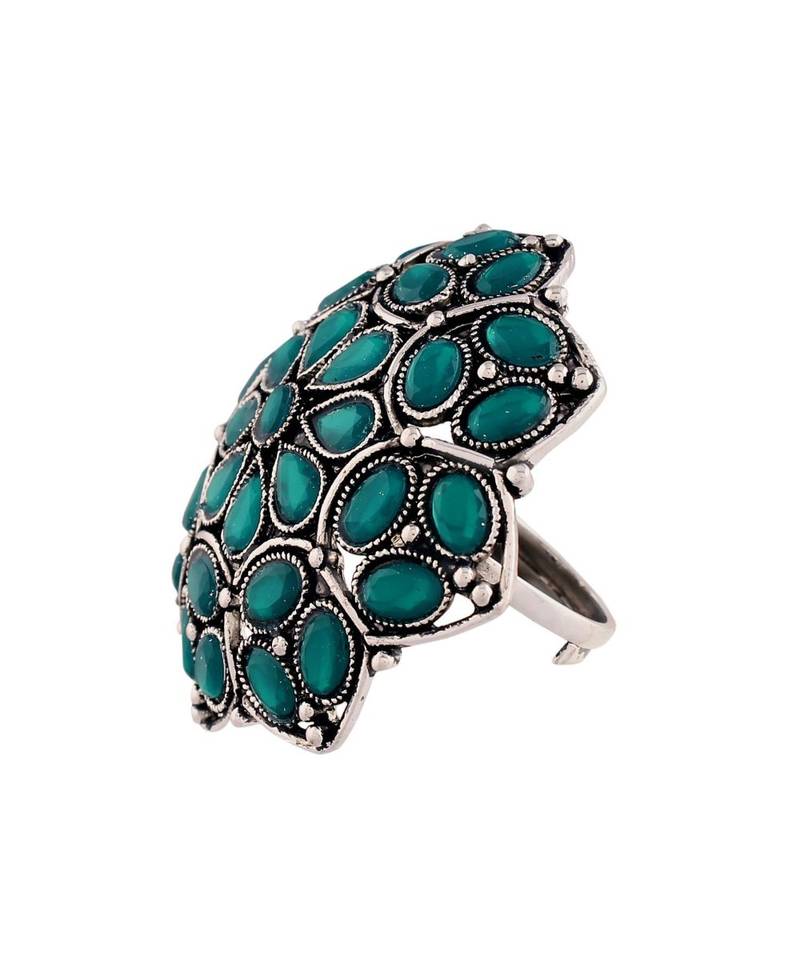 Silver Oxidized Green Kundan Work Designer Adjustable Finger Ring for Women 
