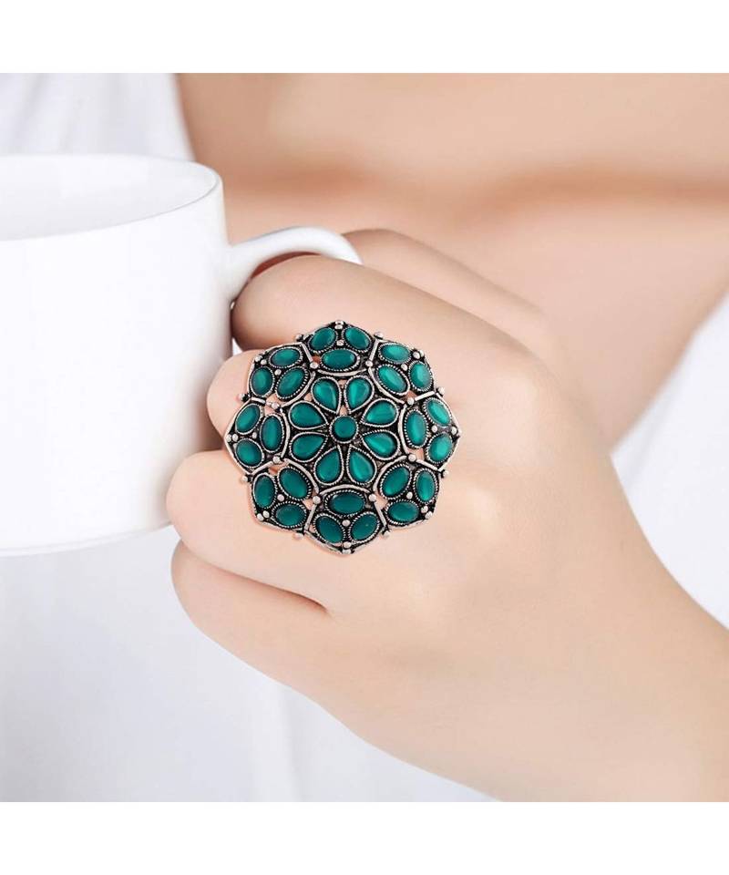 Silver Oxidized Green Kundan Work Designer Adjustable Finger Ring for Women 