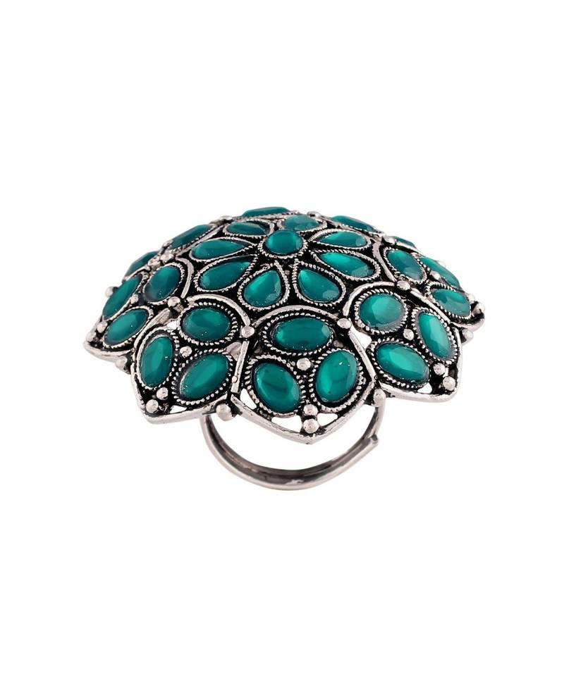 Silver Oxidized Green Kundan Work Designer Adjustable Finger Ring for Women 