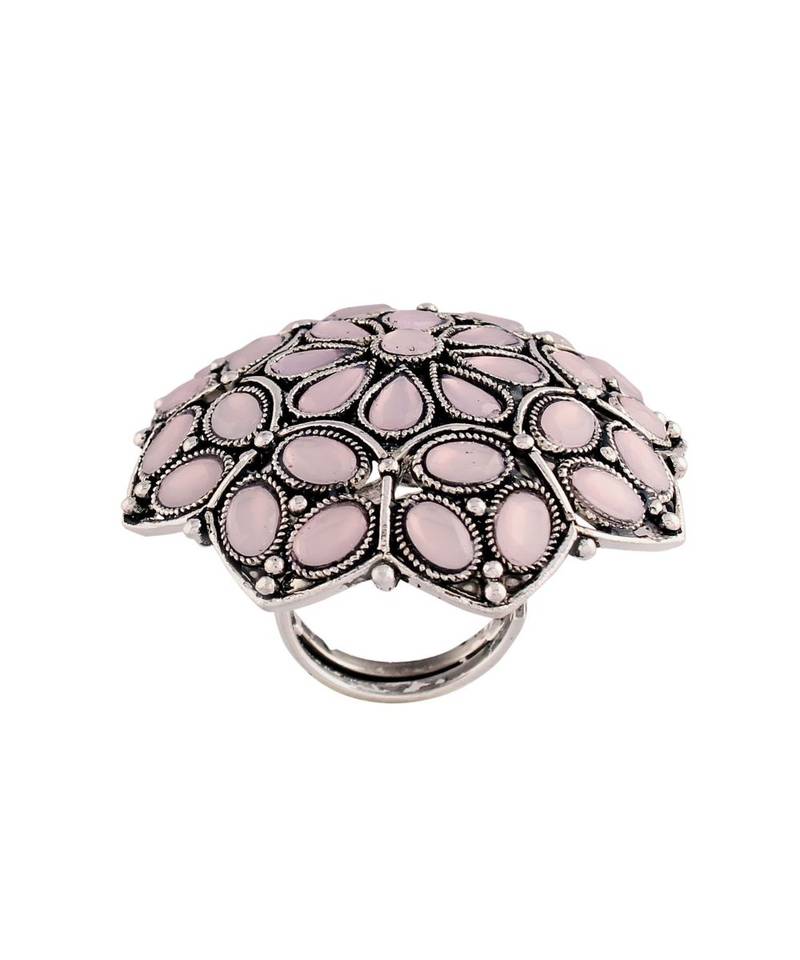 Silver Oxidized Pink Kundan Work Designer Adjustable Finger Ring for Women 