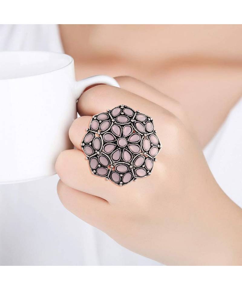 Silver Oxidized Pink Kundan Work Designer Adjustable Finger Ring for Women 
