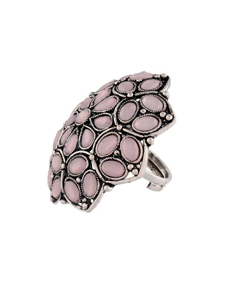 Silver Oxidized Pink Kundan Work Designer Adjustable Finger Ring for Women 