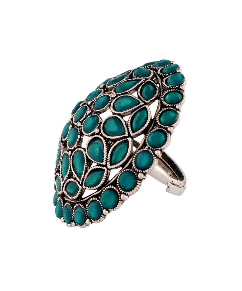 I Jewels Silver Oxidized Kundan Work Designer Adjustable Finger Ring for Women 