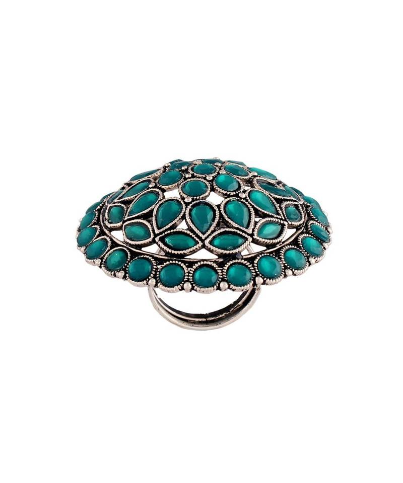 I Jewels Silver Oxidized Kundan Work Designer Adjustable Finger Ring for Women 