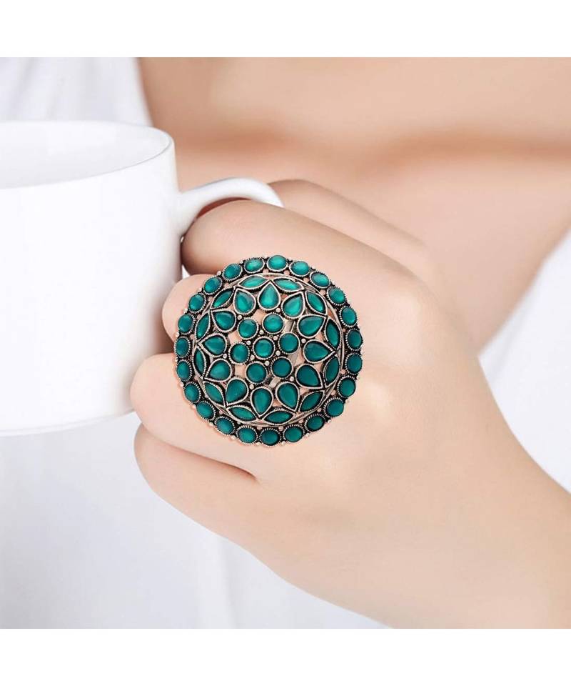 I Jewels Silver Oxidized Kundan Work Designer Adjustable Finger Ring for Women 