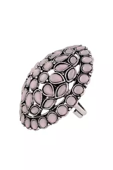 Silver Oxidized Kundan Work Designer Adjustable Finger Ring for Women 