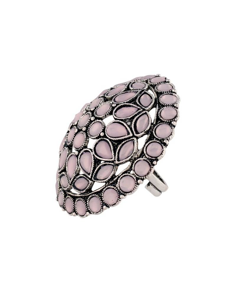 Silver Oxidized Kundan Work Designer Adjustable Finger Ring for Women 